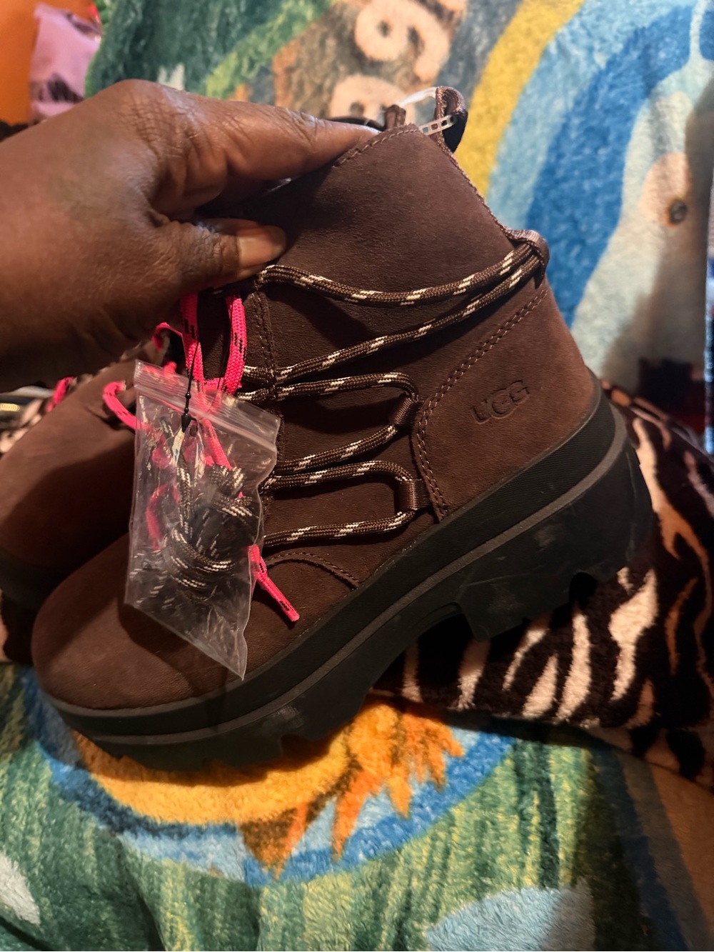 UGG Kids Chocolate Brown Suede Boot with Hot Pink Laces